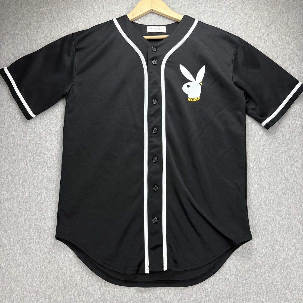 LA Dreamz Baseball Jersey‎ Mens M Black White PB Bunny Button Up Short Sleeve